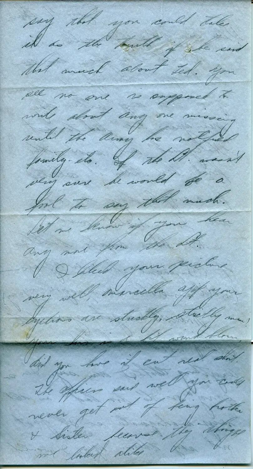 Handwritten WWII-Era Personal Letter Page, Referencing Missing Serviceman and Family Correspondence