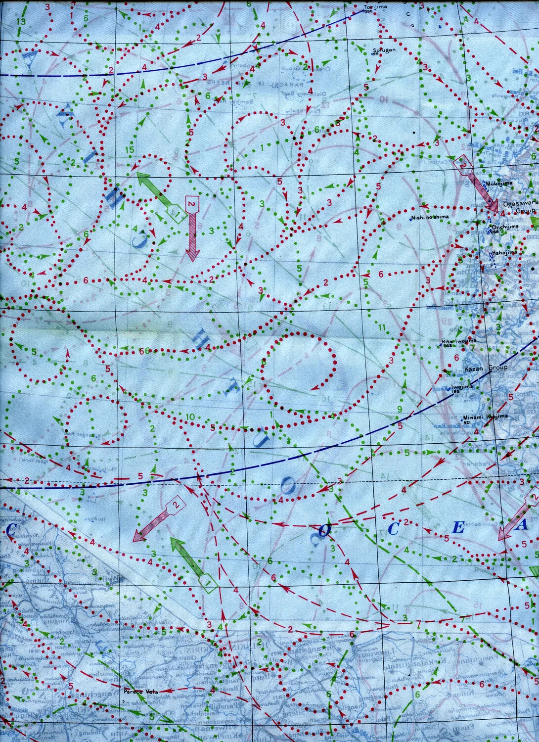 WWII Silk Escape Map Detail - Bonin (Ogasawara) and Volcano (Kazan) Islands Including Iwo Jima, with Current/Wind Overlay