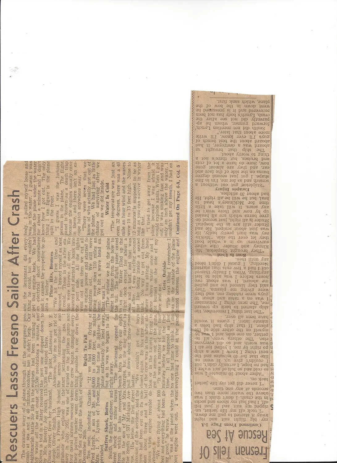 Newspaper Clipping: "Rescuers Lasso Fresno Sailor After Crash" — Korean War Patrol Bomber Ditching, Sea of Japan