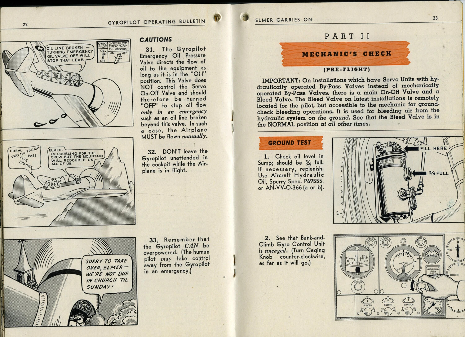 Sperry Gyropilot Operating Bulletin, 'Elmer Carries On' — Pages 22-23, Cautions and Mechanic's Pre-Flight Check