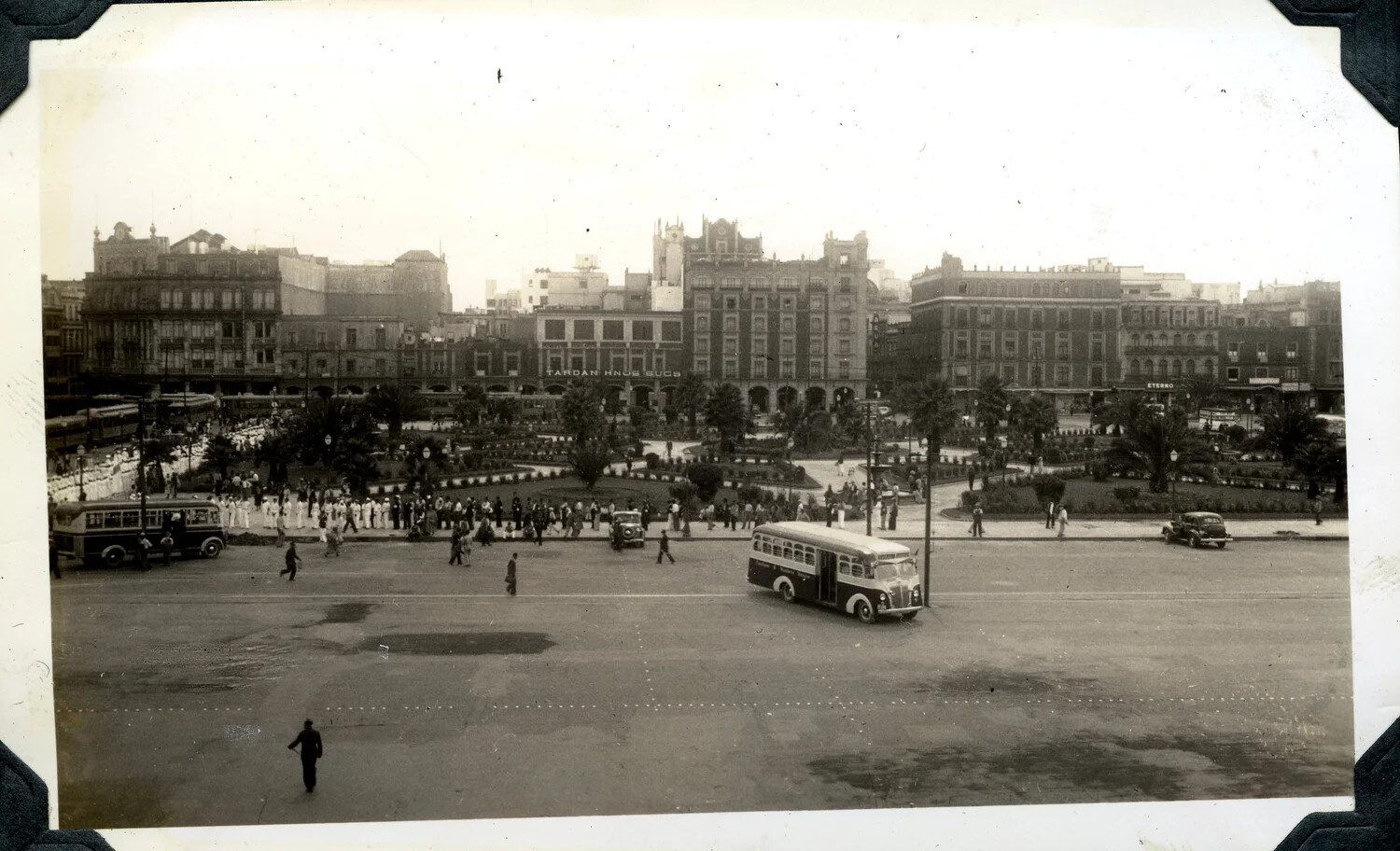 City Plaza with Period Buses and Uniformed Formation, Likely Zocalo, Mexico City