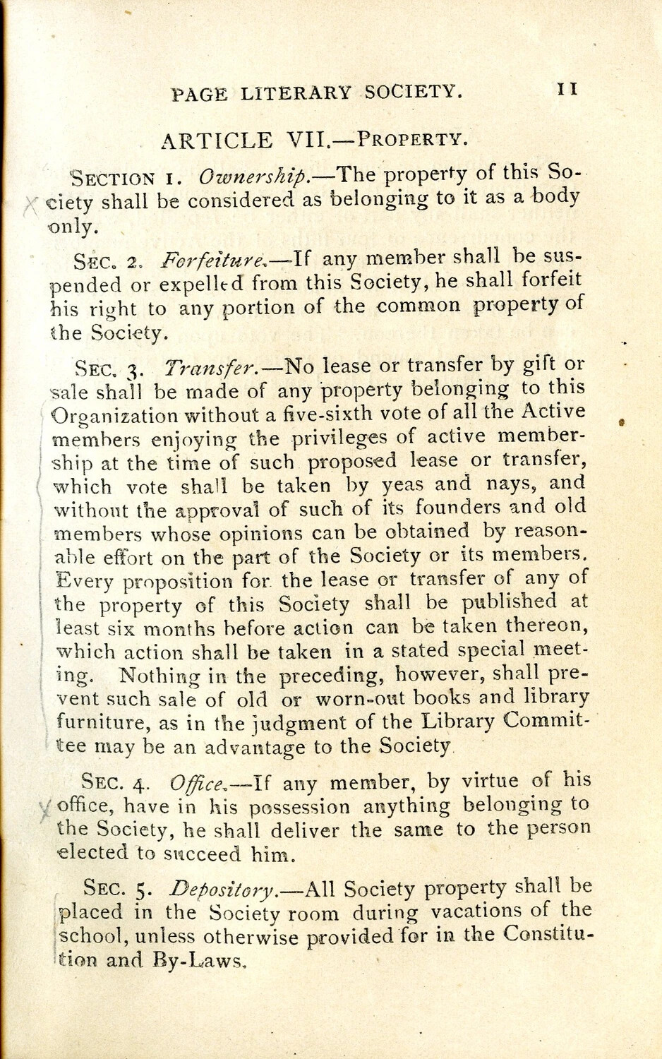 Page Literary Society Rule Book, Page 11 - Article VII (Property), Willis W. Wagener WWI Collection