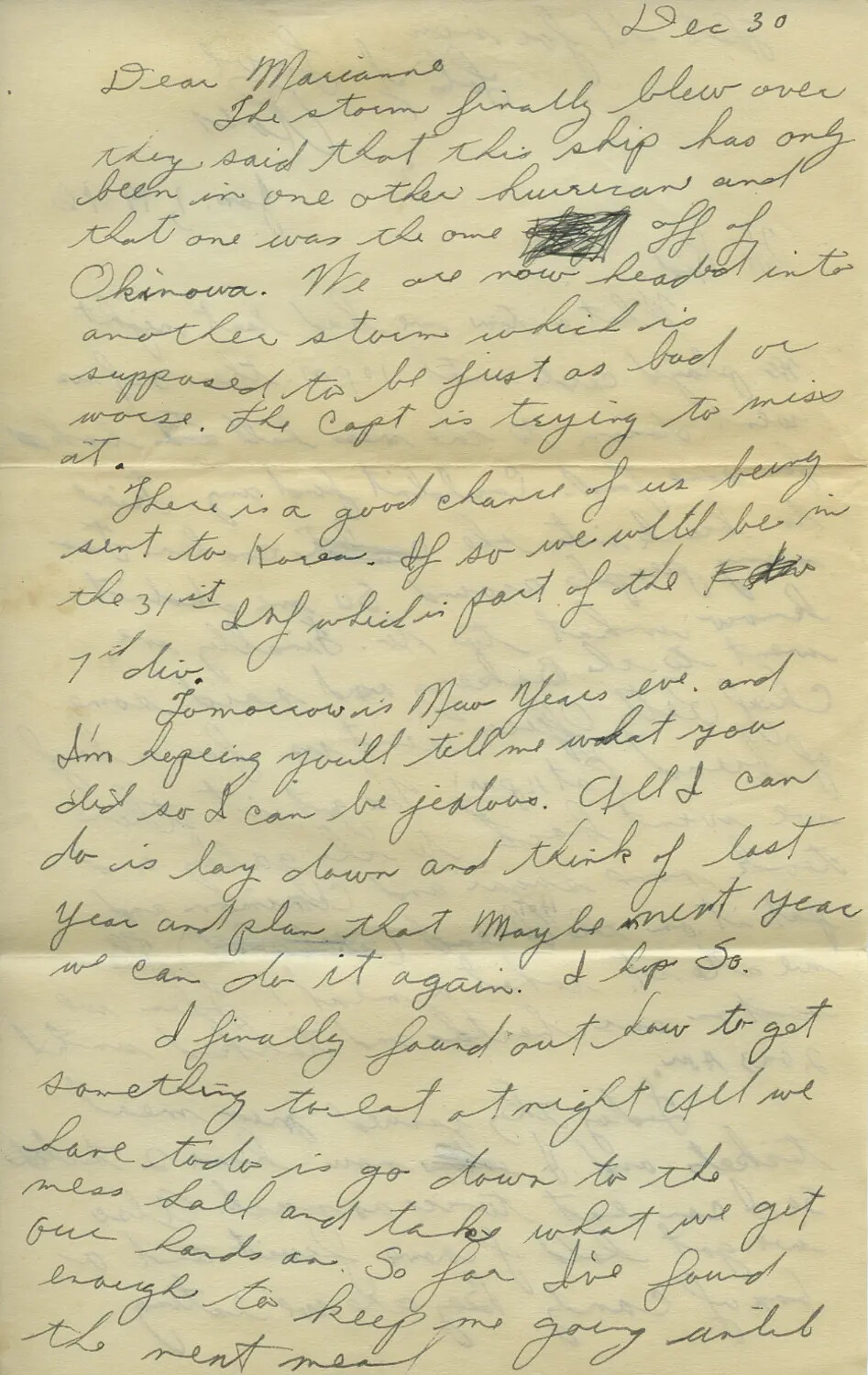 Personal Letter to 'Marianne,' Aboard Ship En Route to Korea, December 30