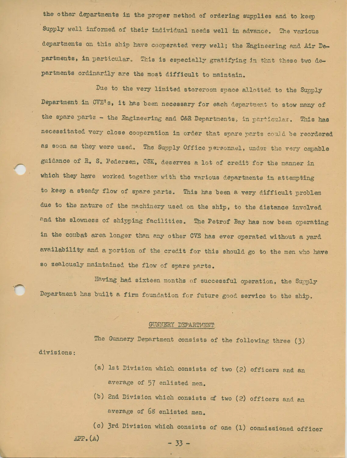 USS Petrof Bay (CVE-80) War History Narrative, Appendix A, Page 33 - Supply and Gunnery Departments