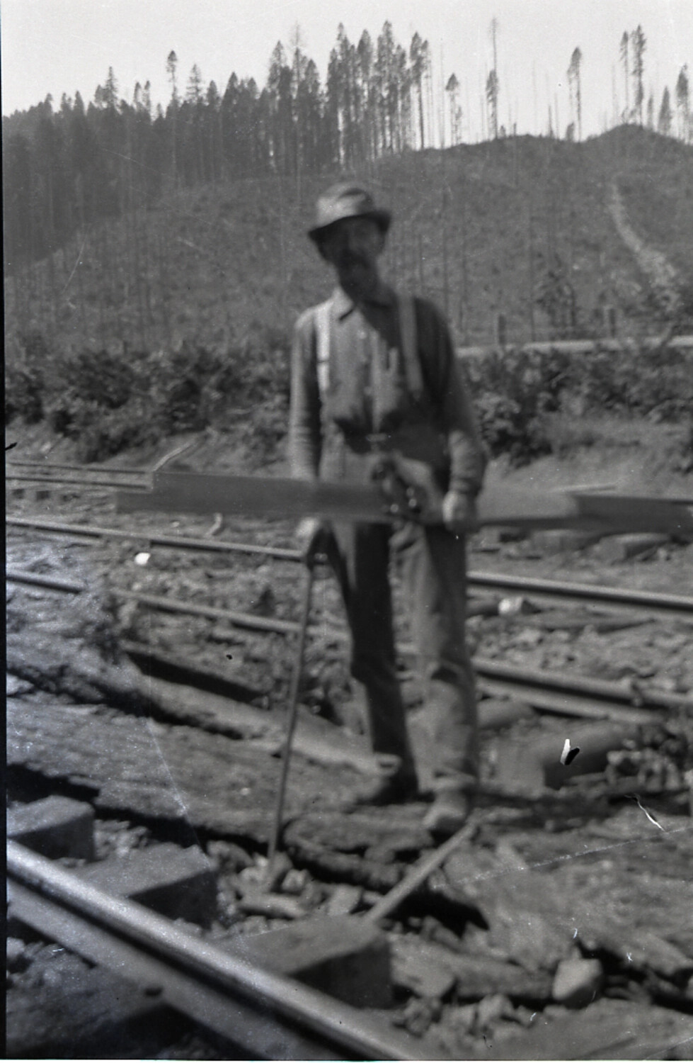 Railway Worker on Narrow-Gauge Track Through Logged Terrain, China, World War II Era