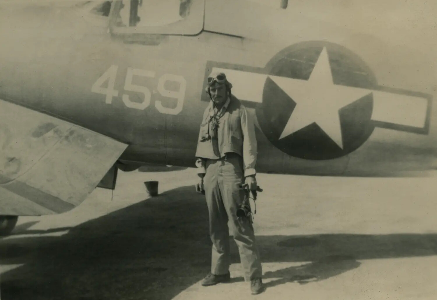Airman in Flight Gear Beside Aircraft Nose Marked "459", WWII