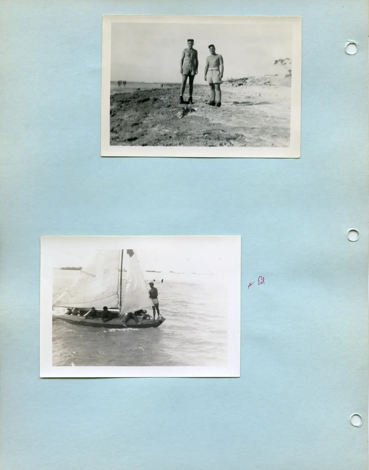 Album Page: American Servicemen on Coral Shoreline and Native Outrigger Sailboat, Pacific Theater, WWII
