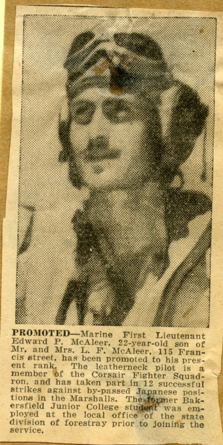 Newspaper Clipping: Promotion of Marine 1st Lt. Edward P. McAleer, Corsair Fighter Squadron Pilot