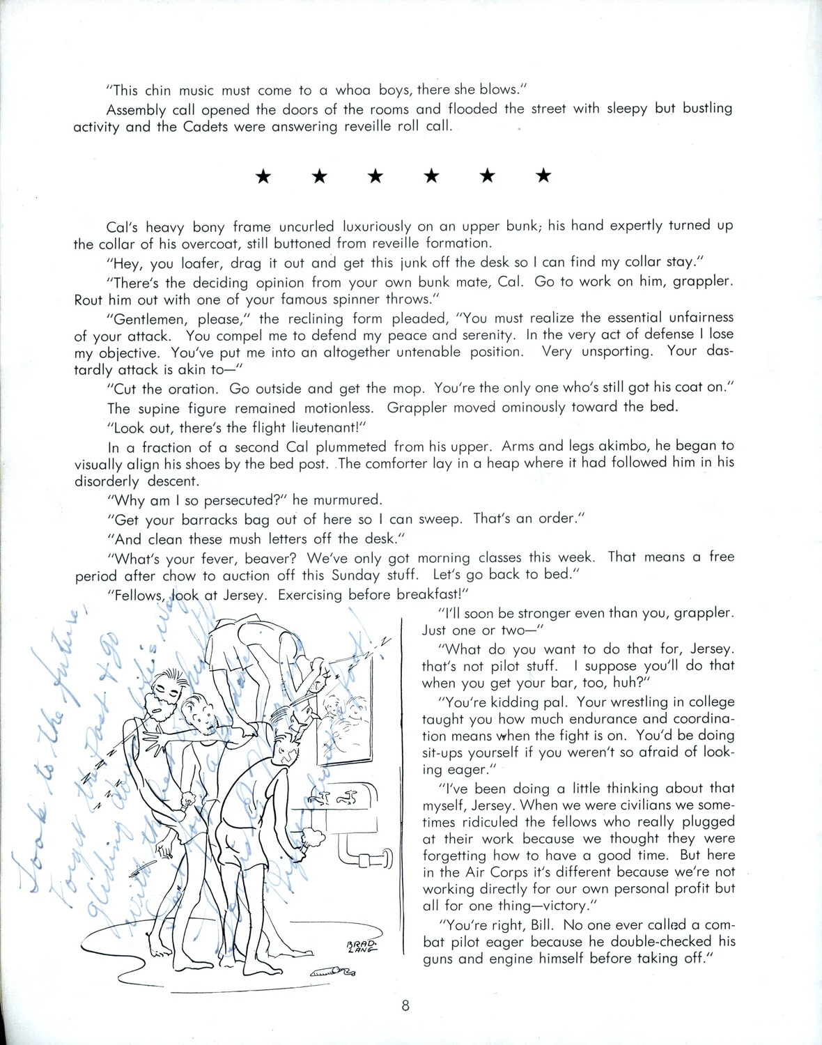 'Alive at Five' (continued) with Barracks Cartoon by Brad Lang - Preflight Class 44-F Training Booklet, Page 8