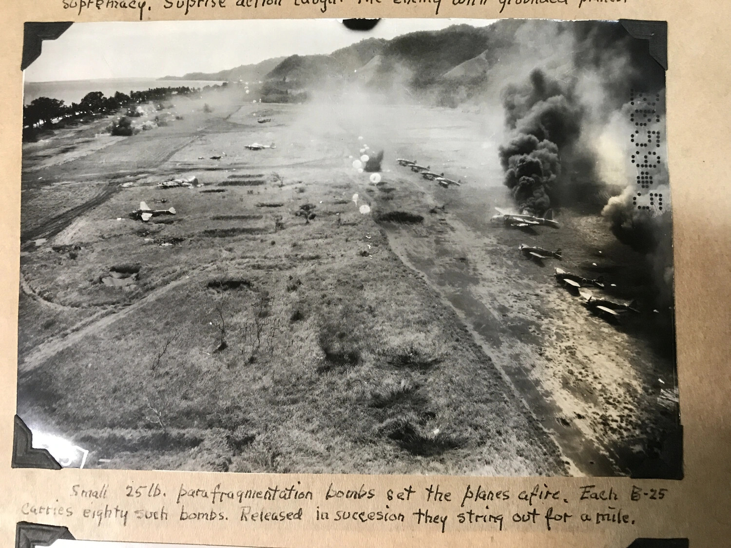 Parafragmentation Bomb Strike on Japanese Airfield, Wewak Area, New Guinea - Annotated