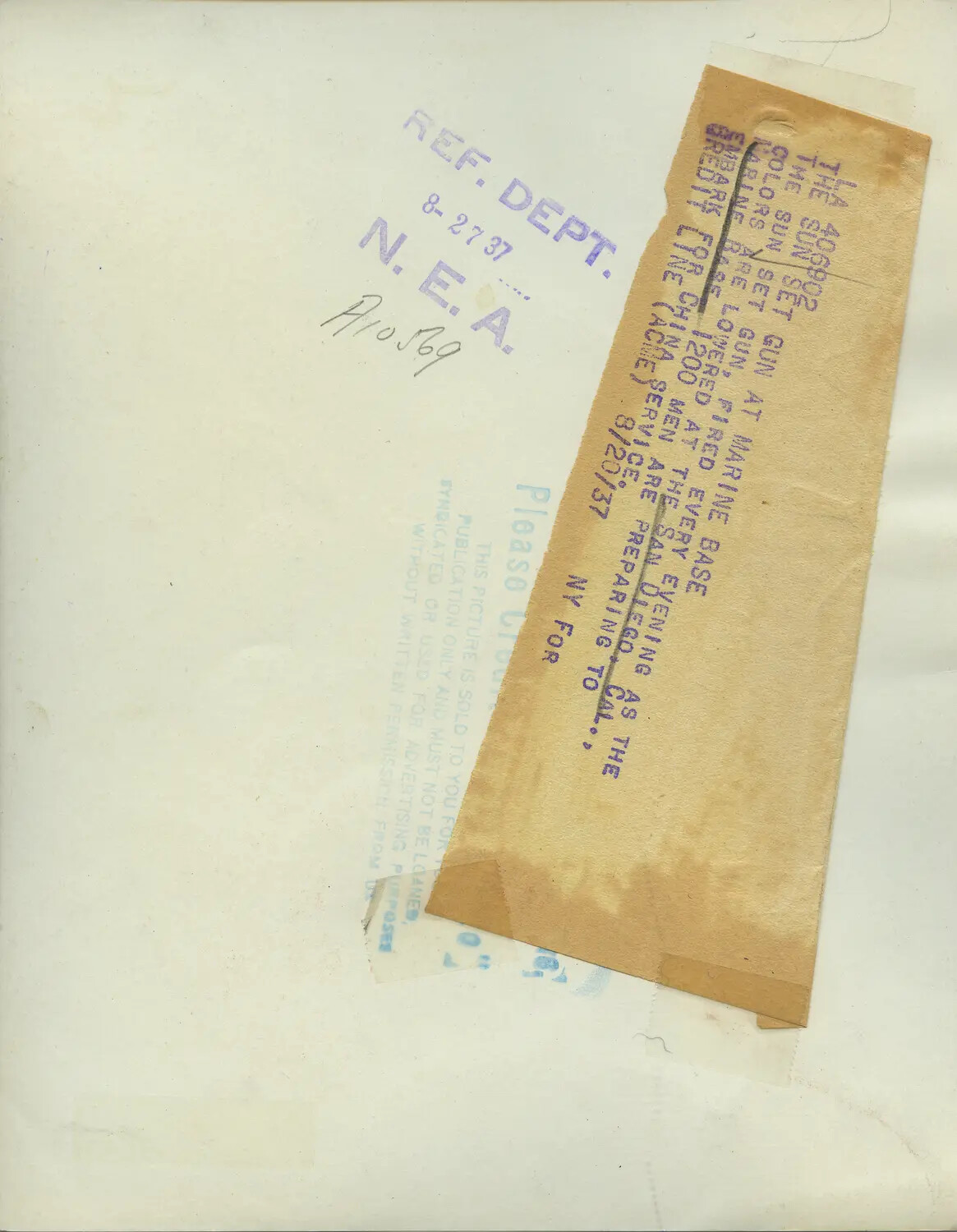 Verso/Caption Sheet: Sunset Gun Ceremony and Marine Embarkation Preparations, San Diego, August 1937