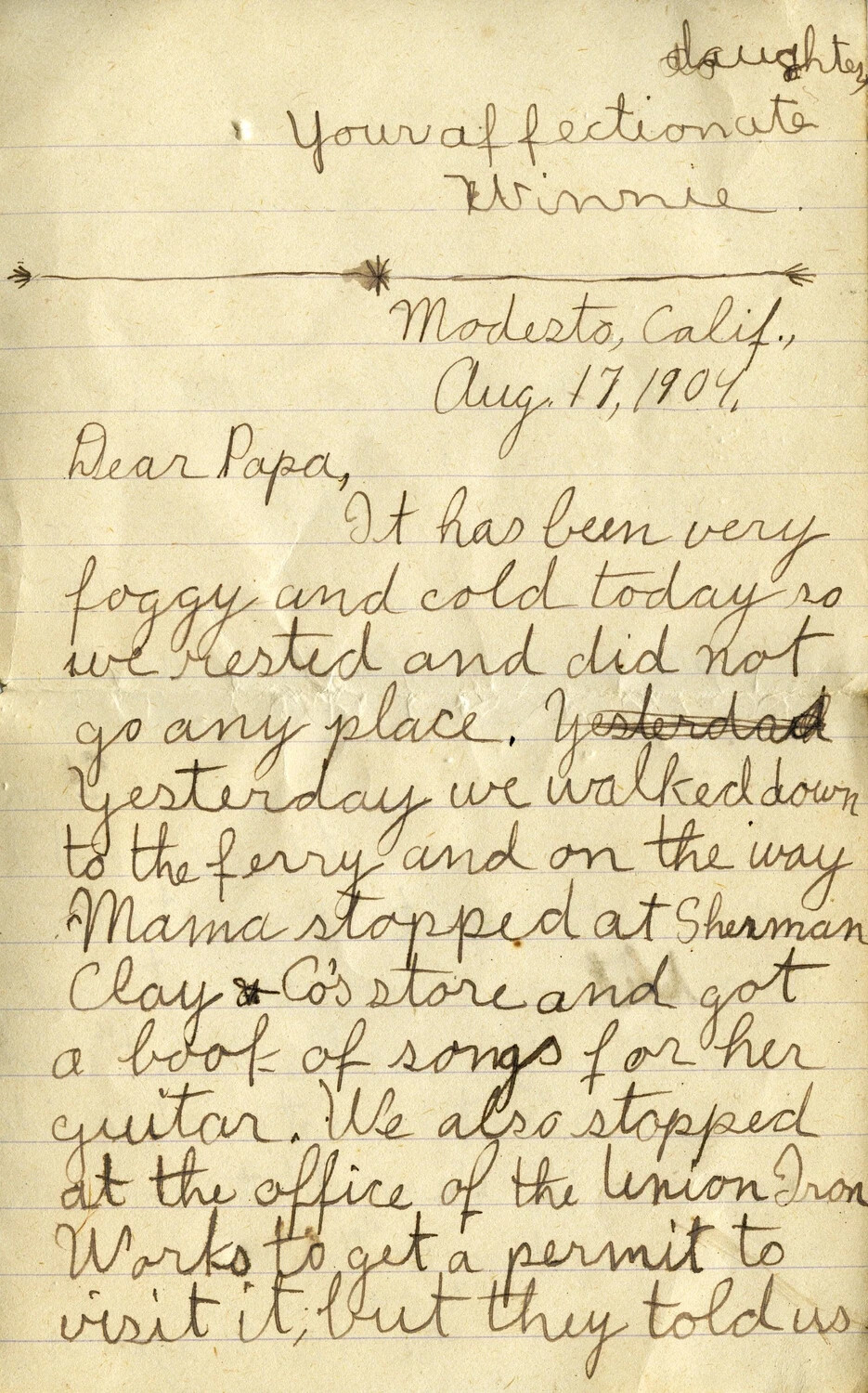 Letter from Winnie Wagener to Her Father, Modesto, California, August 17, 1904