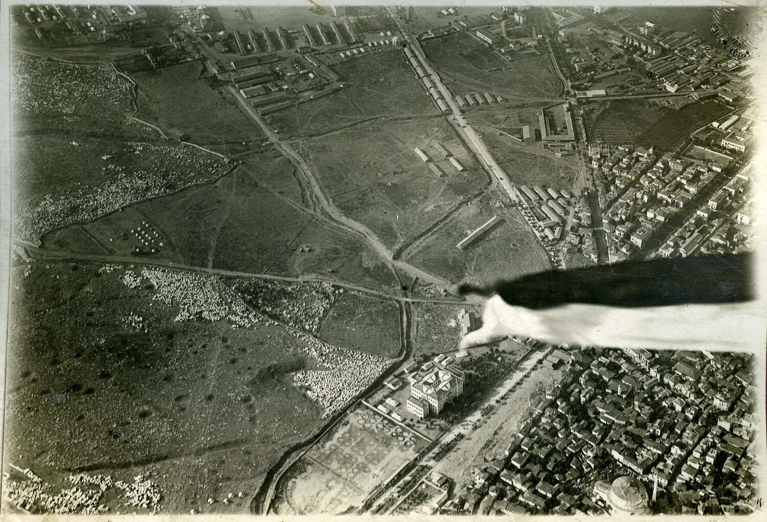 WWI Aerial Reconnaissance Photograph of Town, Barracks, and Open Terrain, French Pilot Album