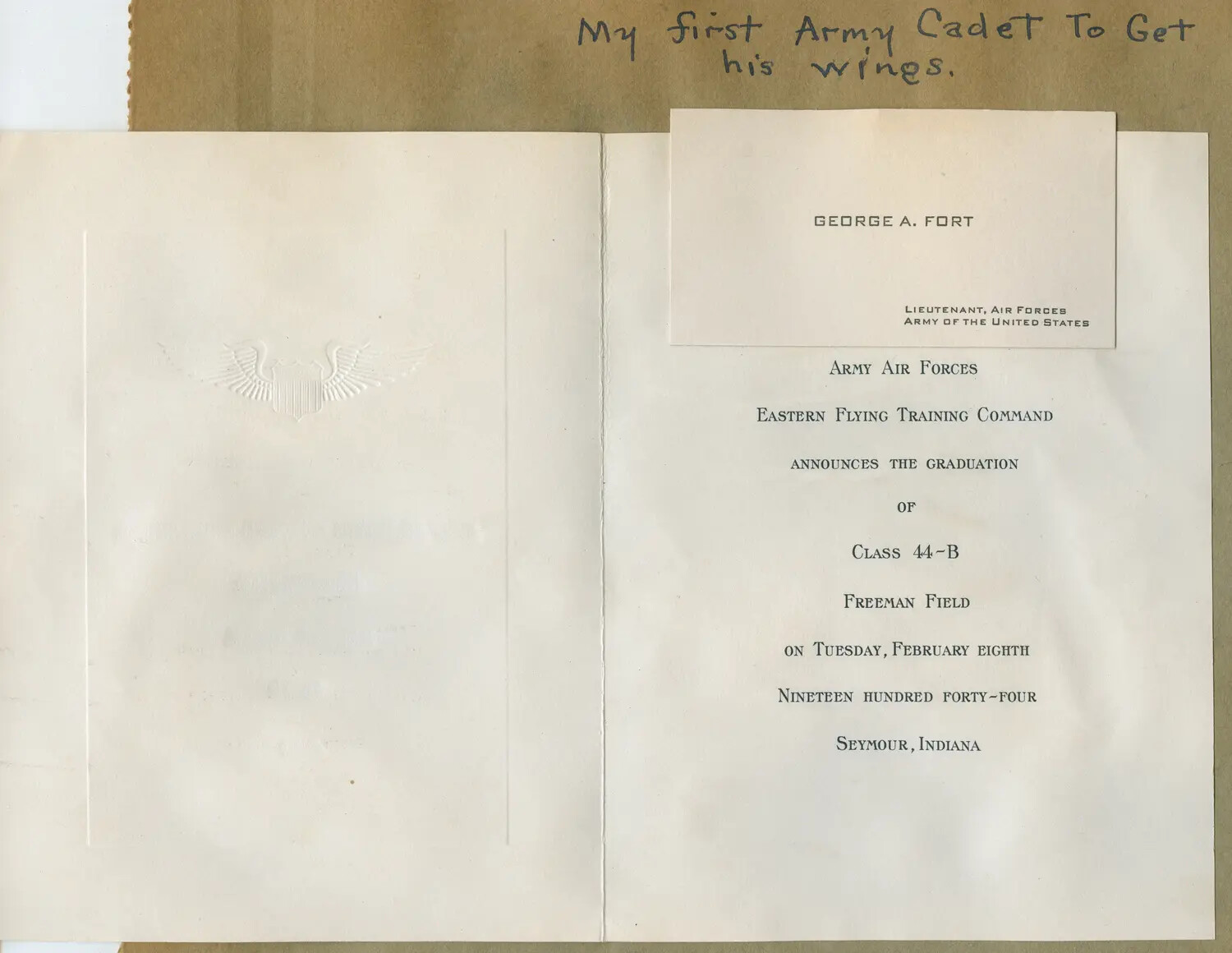 Graduation Announcement Card of Lt. George A. Fort, AAF Class 44-B, Freeman Field, Seymour, Indiana, February 8, 1944