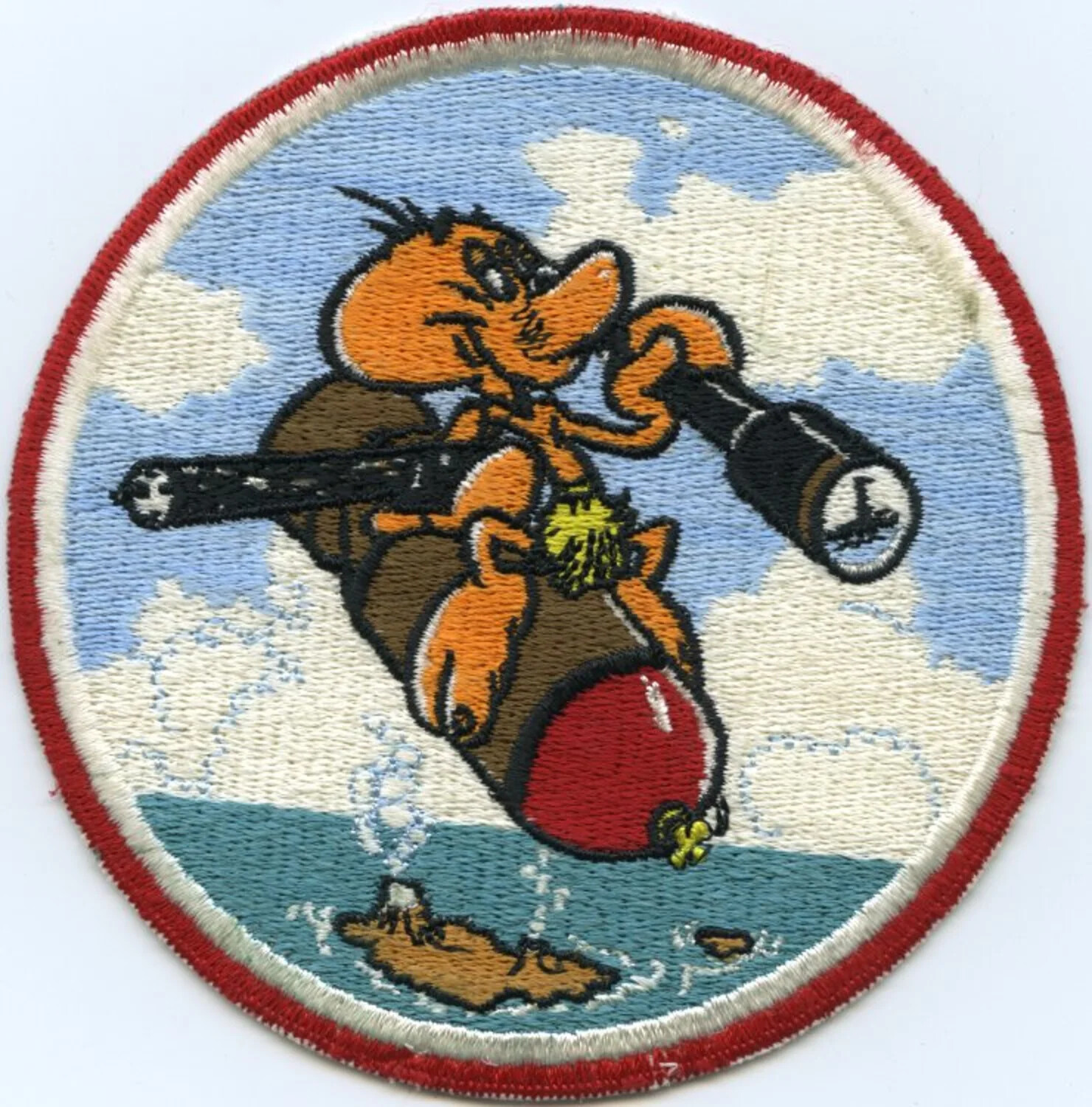 Squadron Insignia Patch: Cartoon Hornet Riding Aerial Bomb, U.S. Navy Attack/Bomber Squadron