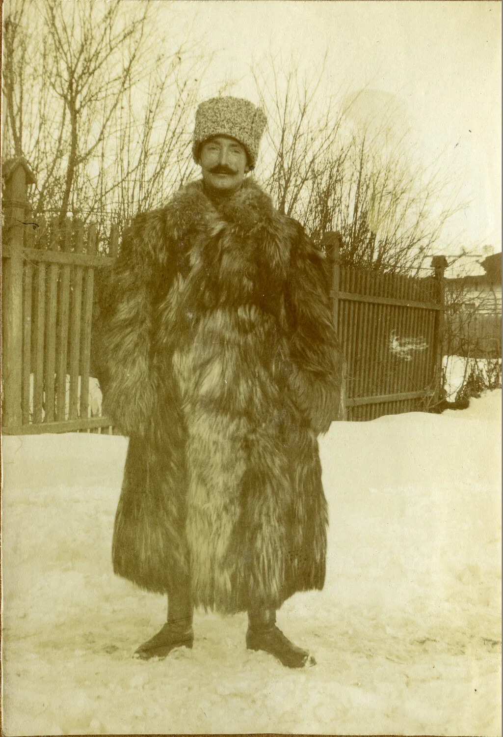 Man in Heavy Fur Coat and Fur Hat in Snow, WWI French Pilot Album