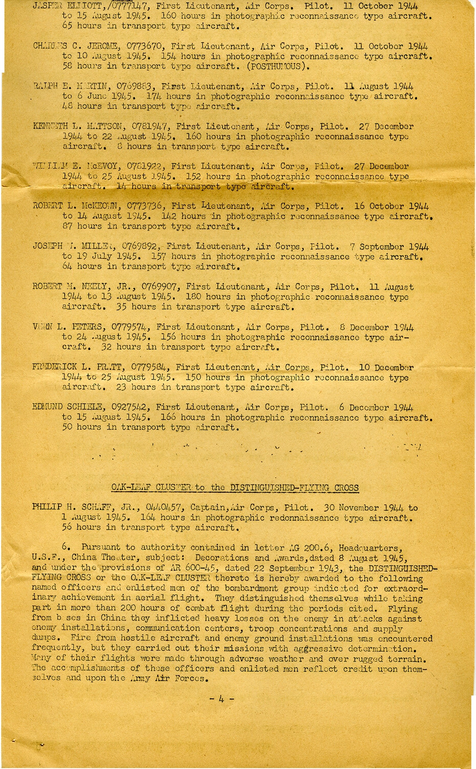 General Order Citation, Page 4 — Distinguished Flying Cross Awards to China Theater Air Corps Pilots, WWII CBI Theater