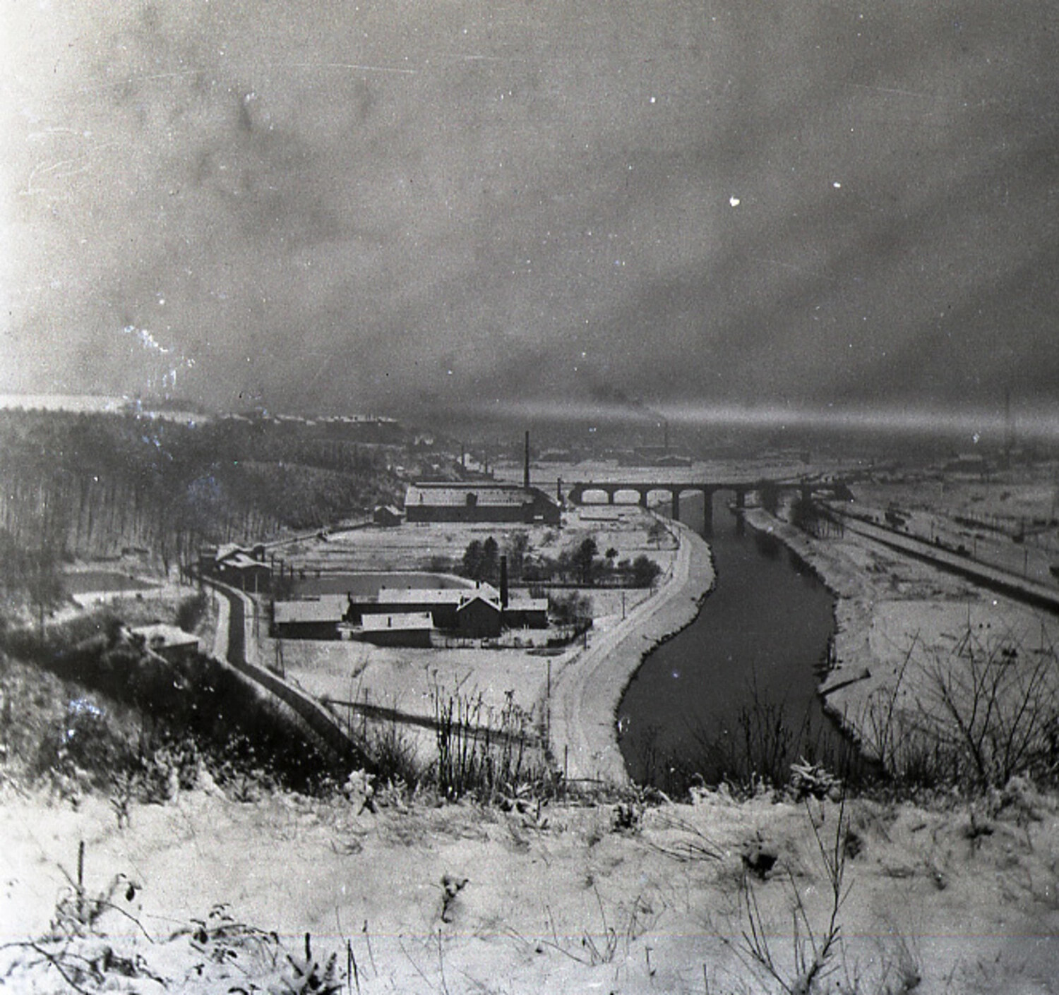 Snow-Covered River Valley with Industrial Works and Railway Viaduct, Germany, WWI Era