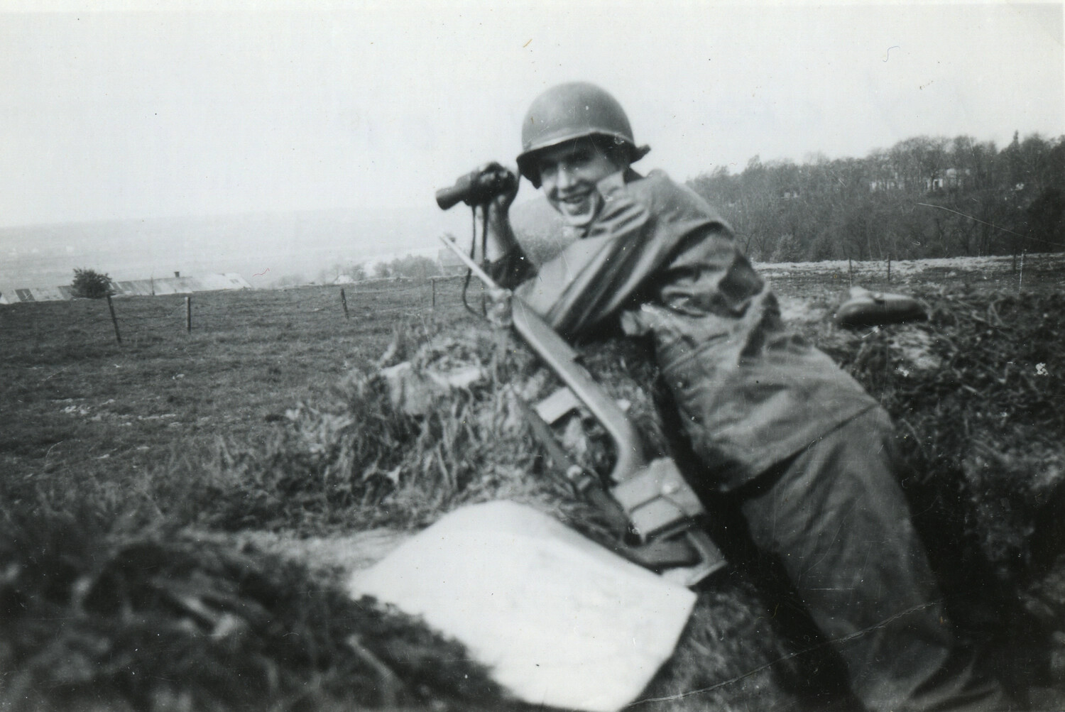 101st Airborne Paratrooper in Foxhole with Bazooka, European Theater, WWII