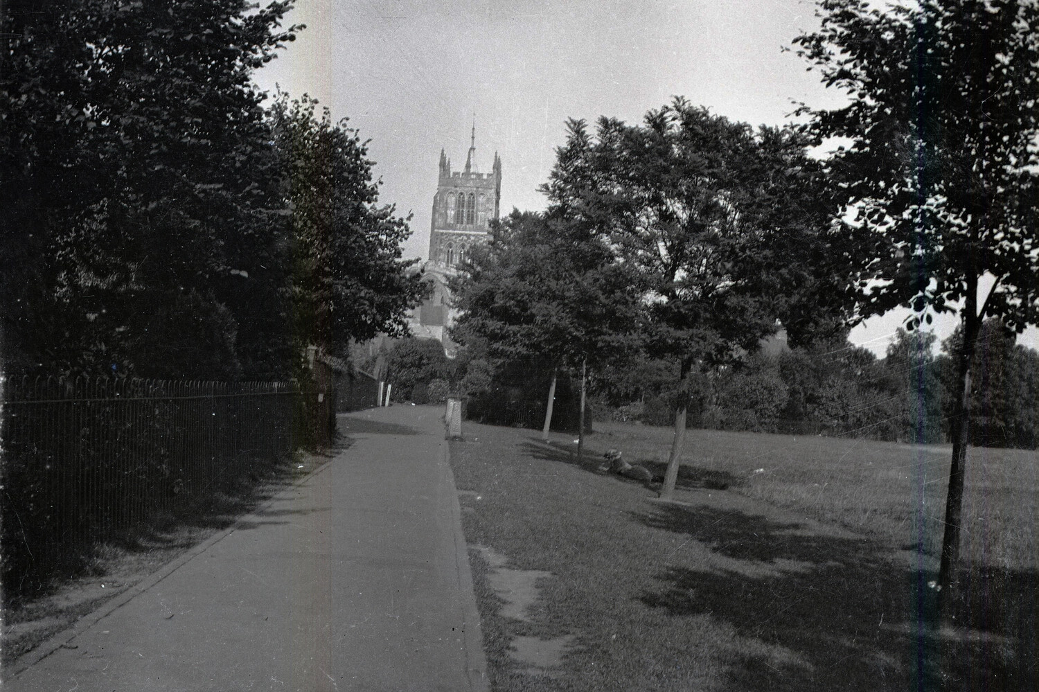 Gothic Church Tower and Park Path, England, WWI Era