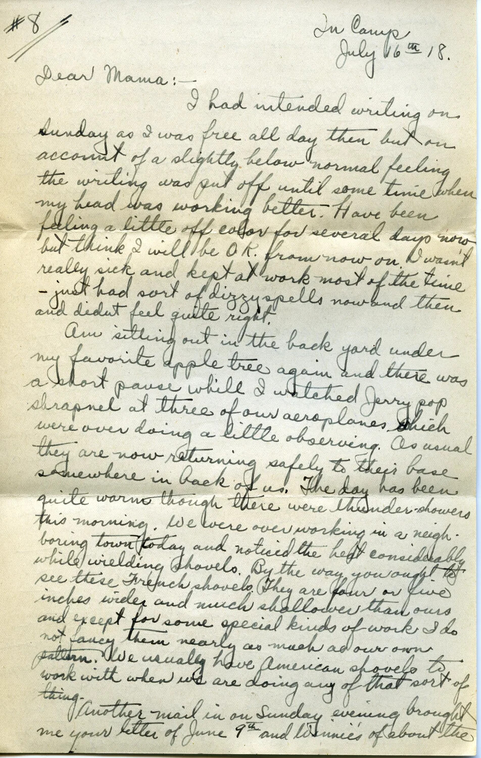 WWI Letter #8 from Pvt. Willis W. Wagener to His Mother, "In Camp," July 6, 1918