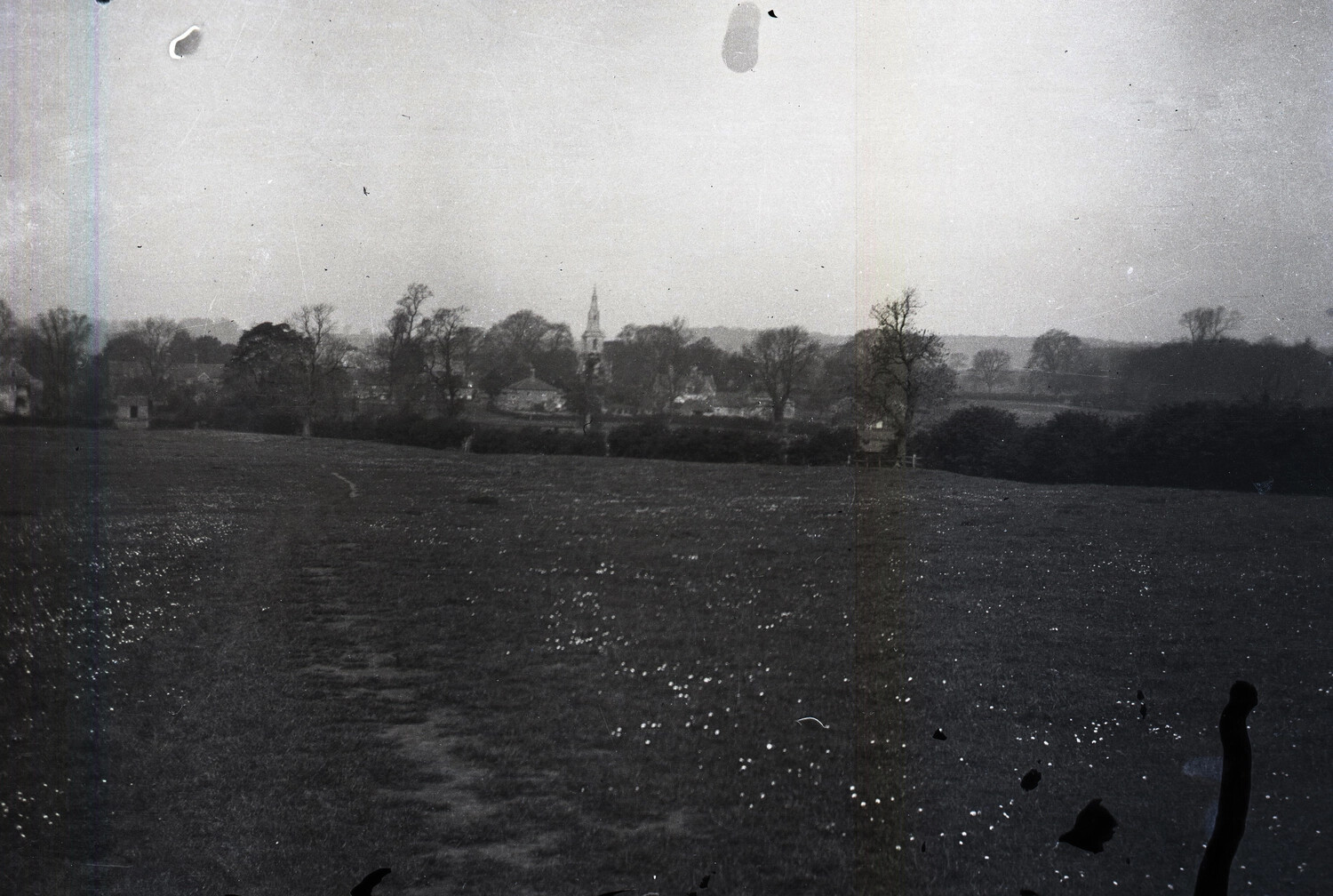 Rural Landscape with Village Church Spire - WWI-Era Negative, England or France