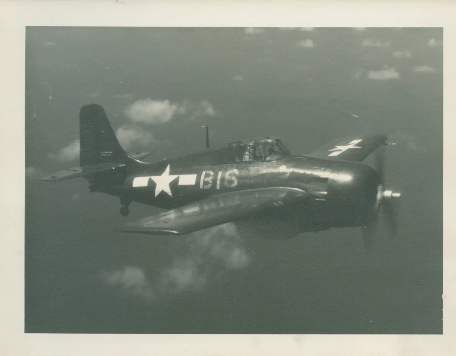 U.S. Navy Carrier Fighter Aircraft "B16" in Flight, USS Petrof Bay (CVE-80) Air Group, World War II