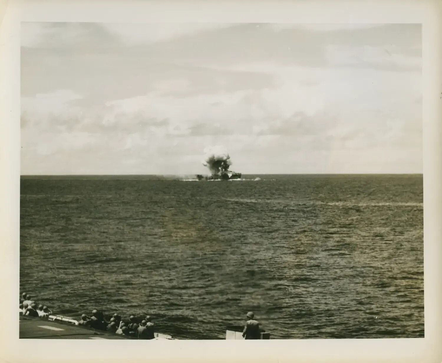 Explosion Aboard Escort Carrier Under Attack, Witnessed from a Sister Ship, WWII Pacific Theater