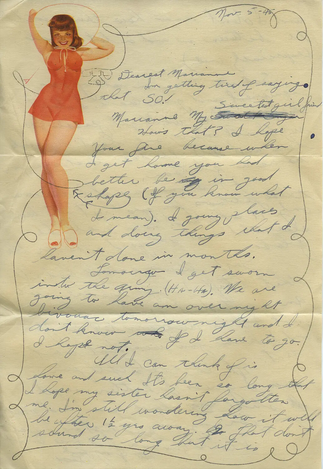 Illustrated Pin-Up Stationery Letter to "Marianne," Dated Nov. 5, 1945 (Moon/Sammiet Collection)