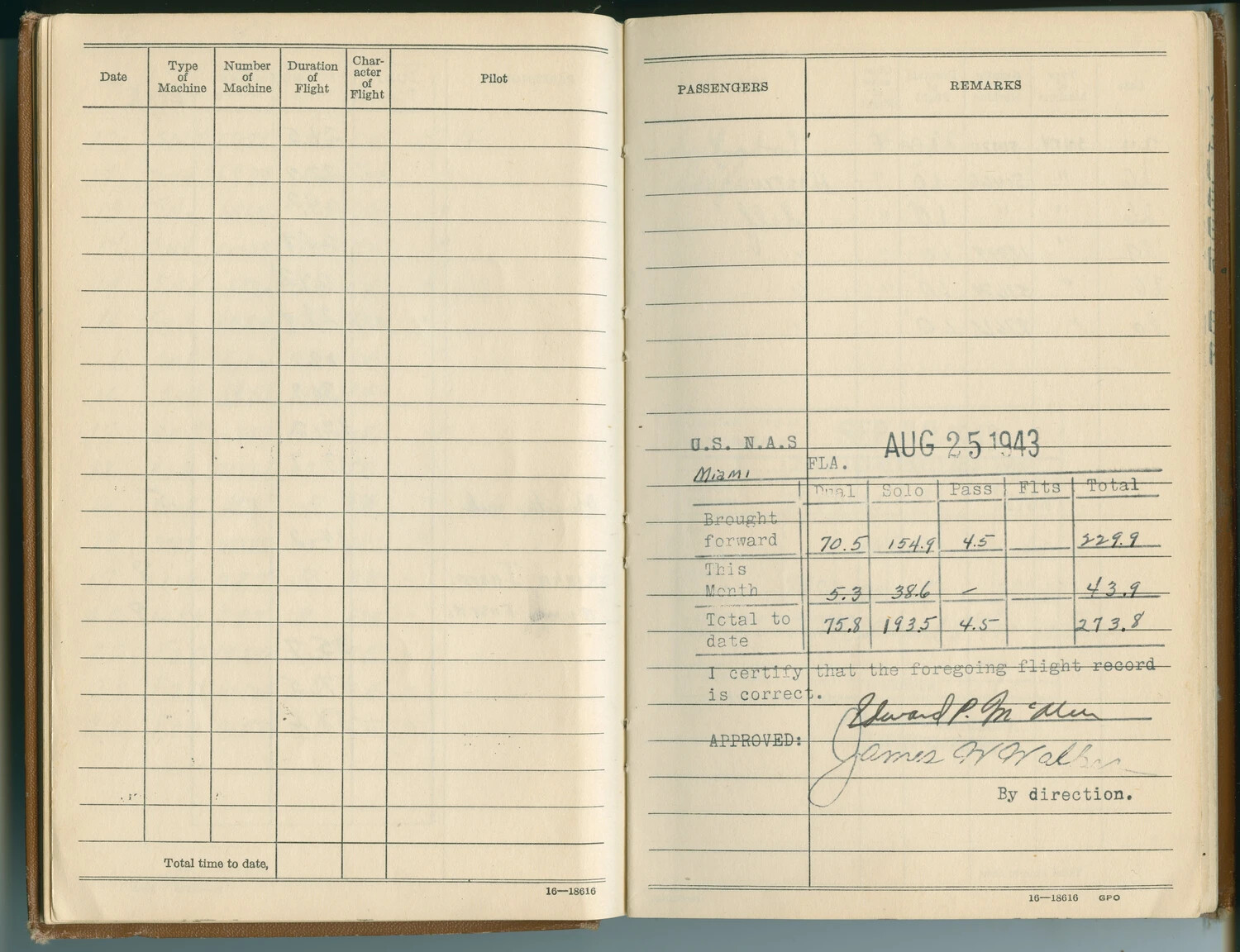 U.S. Navy Aviator's Flight Log Book Page, NAS Miami, Florida, August 25, 1943 (Pat McAleer Collection)