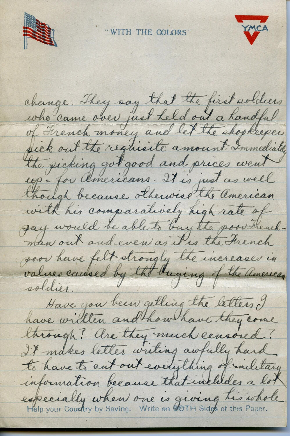 WWI Letter from Pvt. Willis W. Wagener, YMCA 'With the Colors' Stationery, April 28, 1918