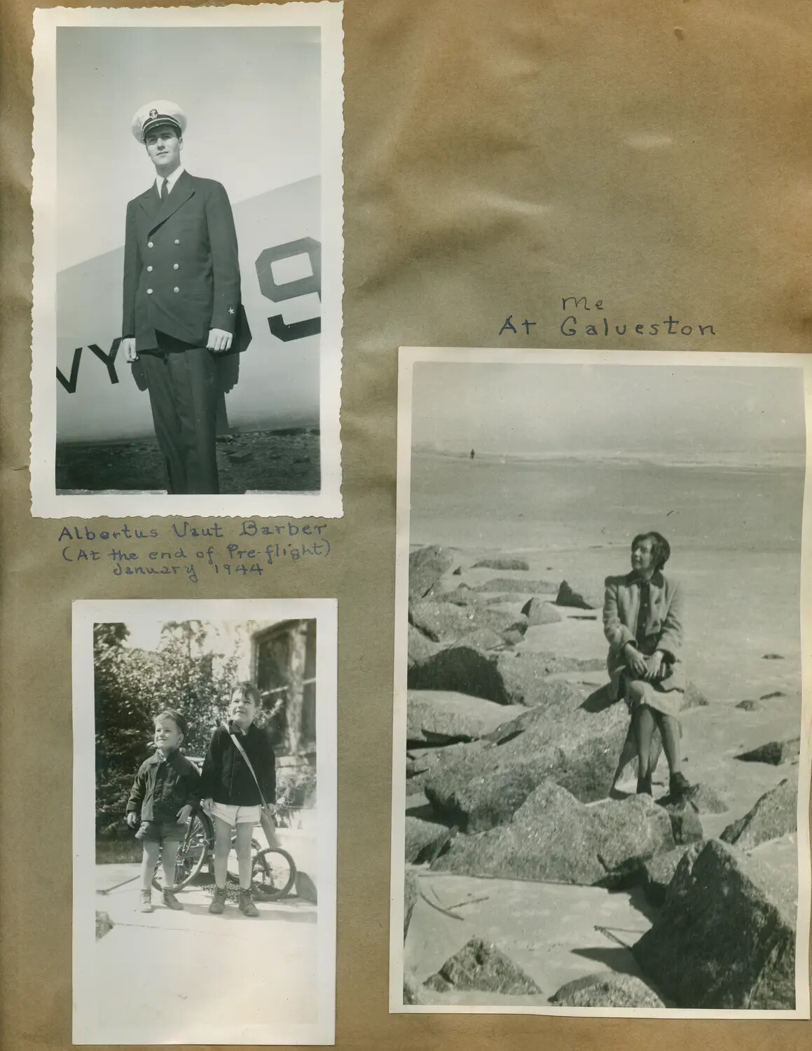 Scrapbook Page: Navy Pre-Flight Cadet Portrait and Family Snapshots, January 1944