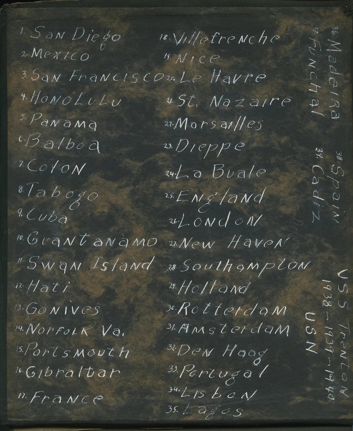 Handwritten Itinerary Page, USS Trenton (CL-11) Scrapbook, 1938-1940