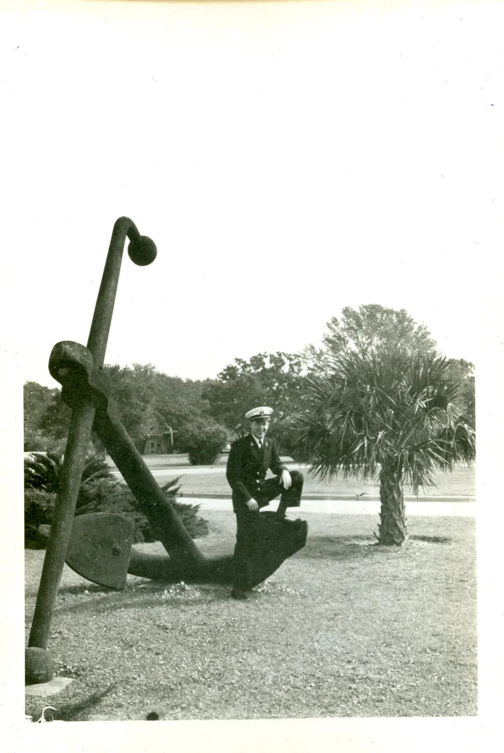 Naval Officer Posing with Ceremonial Anchor, NAS Pensacola, Florida, April 1949