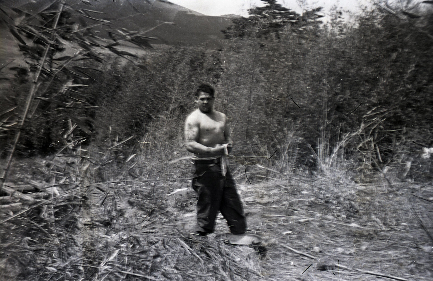 Shirtless Soldier with Knife in Field, 187th Airborne Regimental Combat Team, Korea