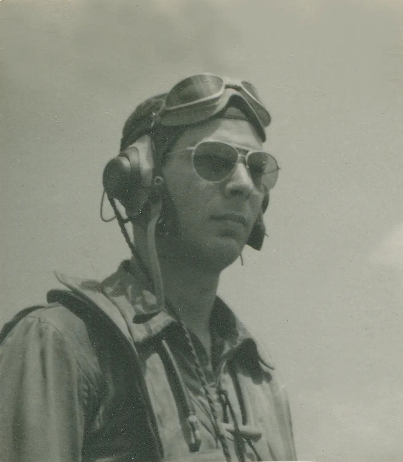 Portrait of a WWII Aviator in Flight Helmet, Goggles, and Sunglasses — McAleer Collection