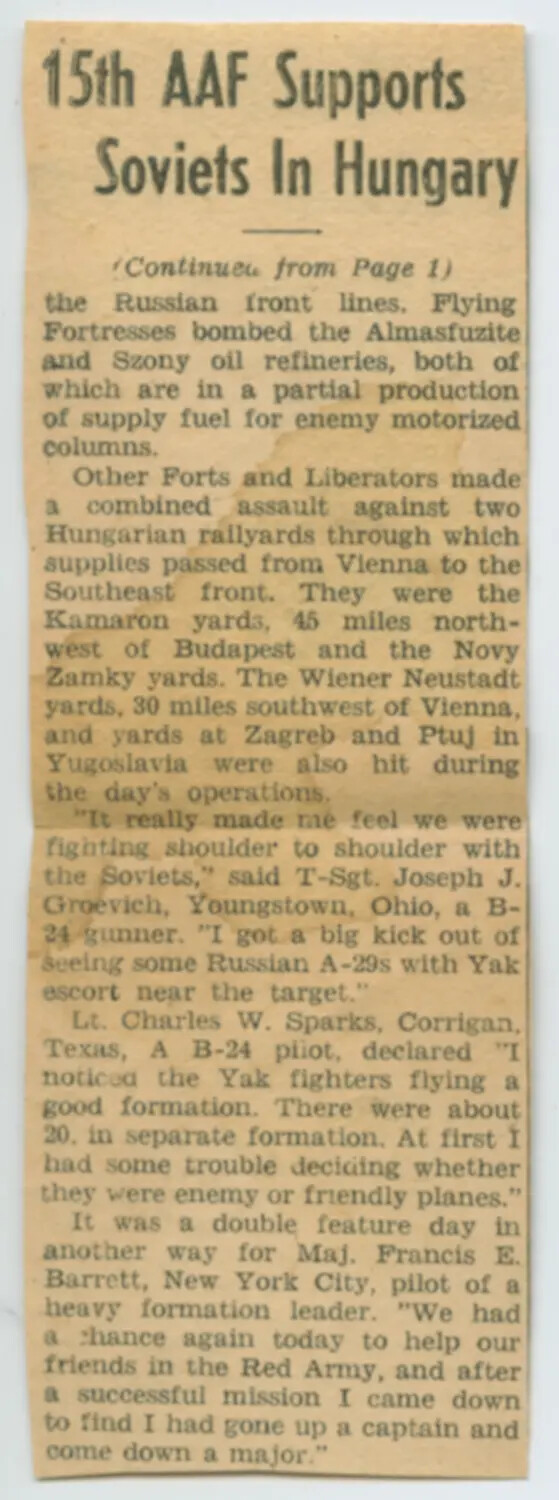 Newspaper Clipping: "15th AAF Supports Soviets In Hungary" (1944)
