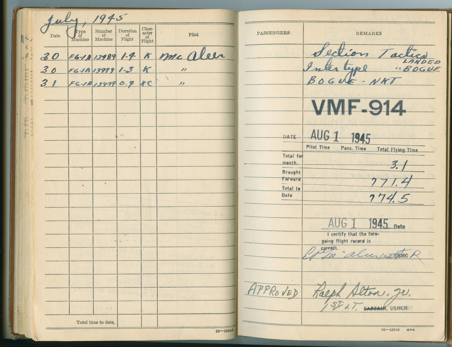 USMC Pilot McAleer's Flight Logbook, VMF-914, July-August 1945 - FG-1A Corsair Flights and Carrier Landing Aboard USS Bogue