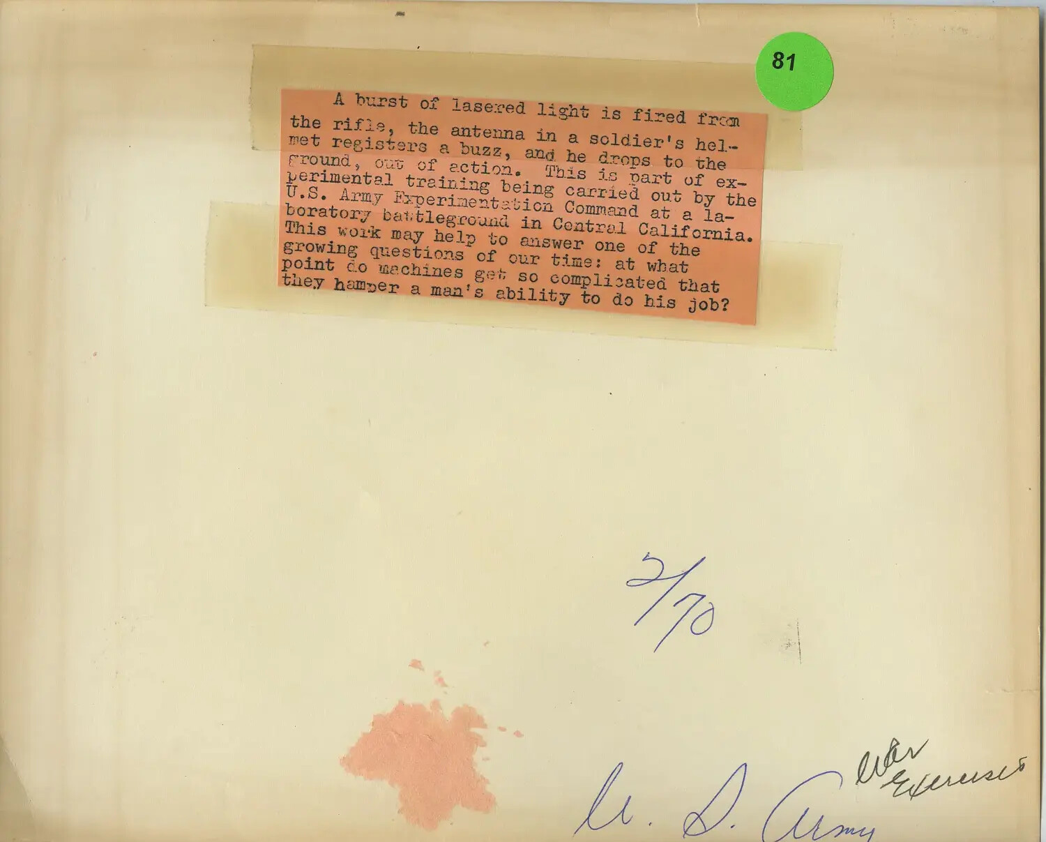 Verso/Caption Card for Laser Weapons-Effects Simulator Photograph, July 1970