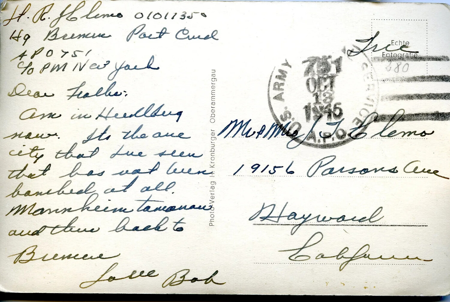 Soldier's Handwritten Postcard Letter Home from Occupied Germany, October 1945 - Photo-Verlag H. Kronburger, Oberammergau
