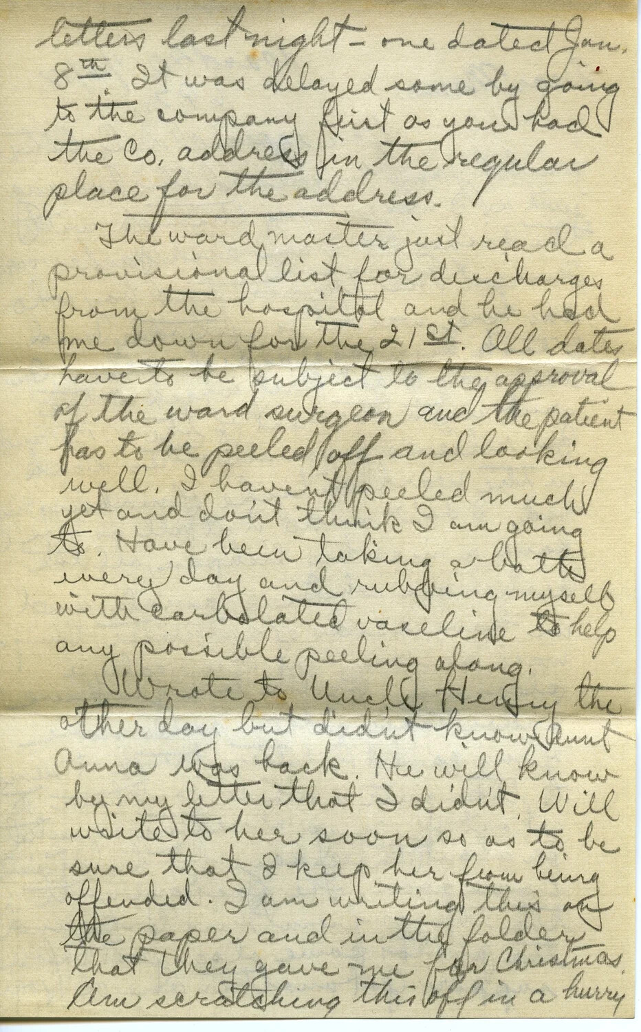 Handwritten Letter from Pvt. Willis W. Wagener to Family, Dated 16 January 1918 (WWI Hospital Correspondence)