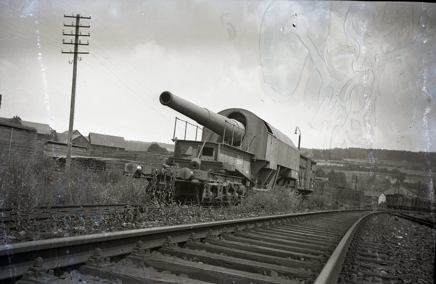 German Heavy Railway Gun on Siding, Side View, WWII Era Germany