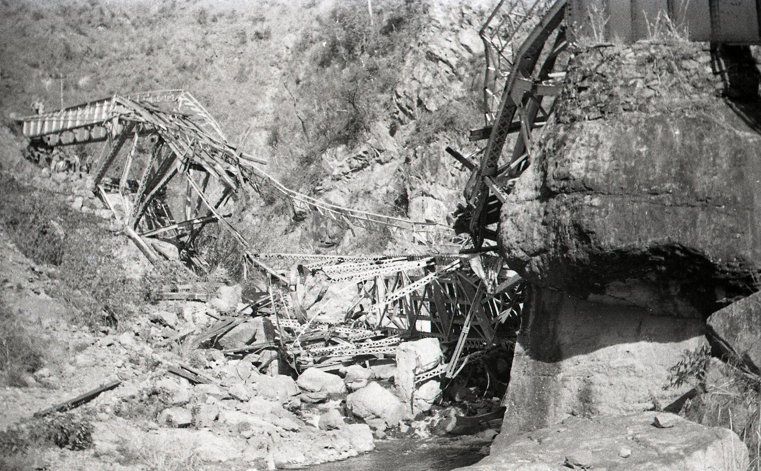 Collapsed Bridge Span at Stone Abutment, Luzon, Philippines, World War II