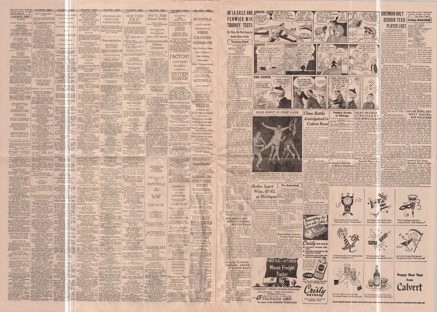 Chicago Daily Tribune Newspaper Page, December 30, 1952 (Help Wanted Classifieds and Sports/Comics Section), Lt. Bancroft Korean War Collection