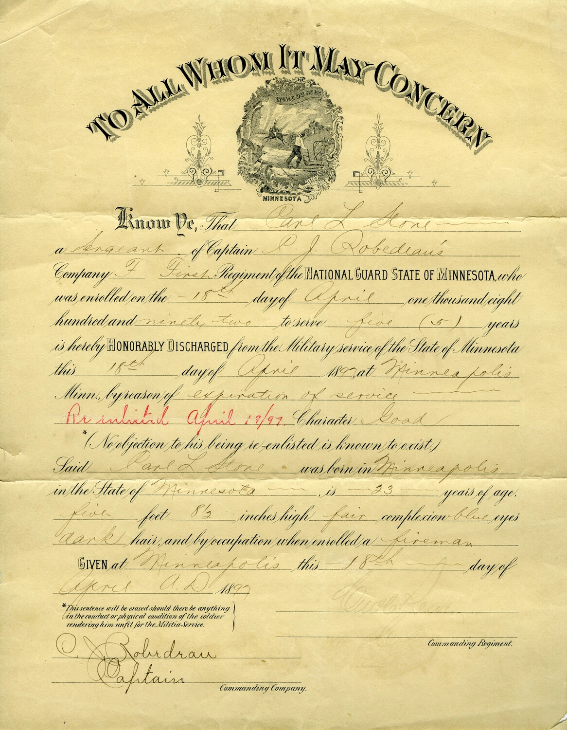 Honorable Discharge Certificate of Sergeant Carl L. Stone, Company F, First Regiment, Minnesota National Guard, April 1892