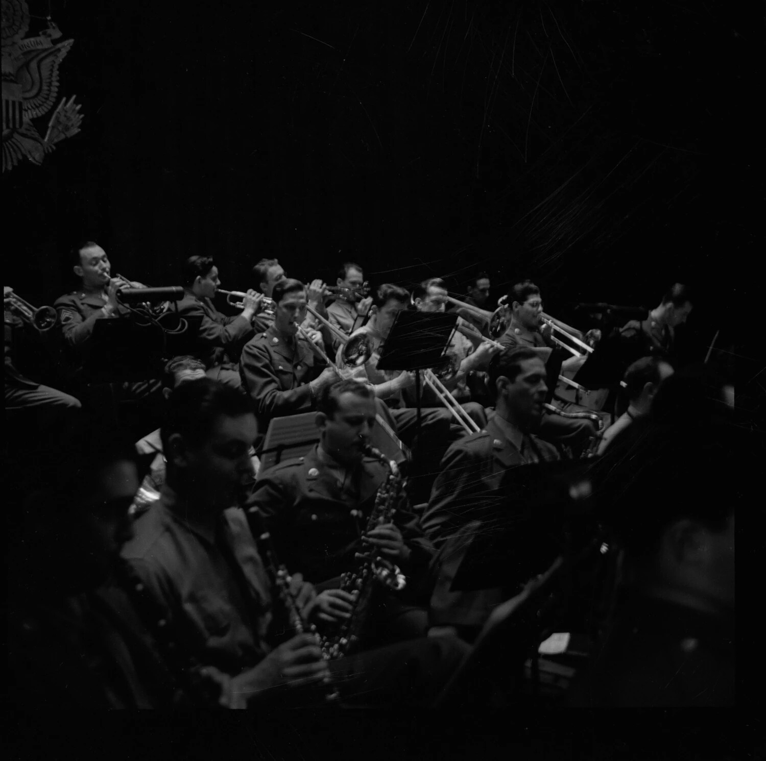 Military Band in Performance - Brass and Woodwind Section, Elevated View