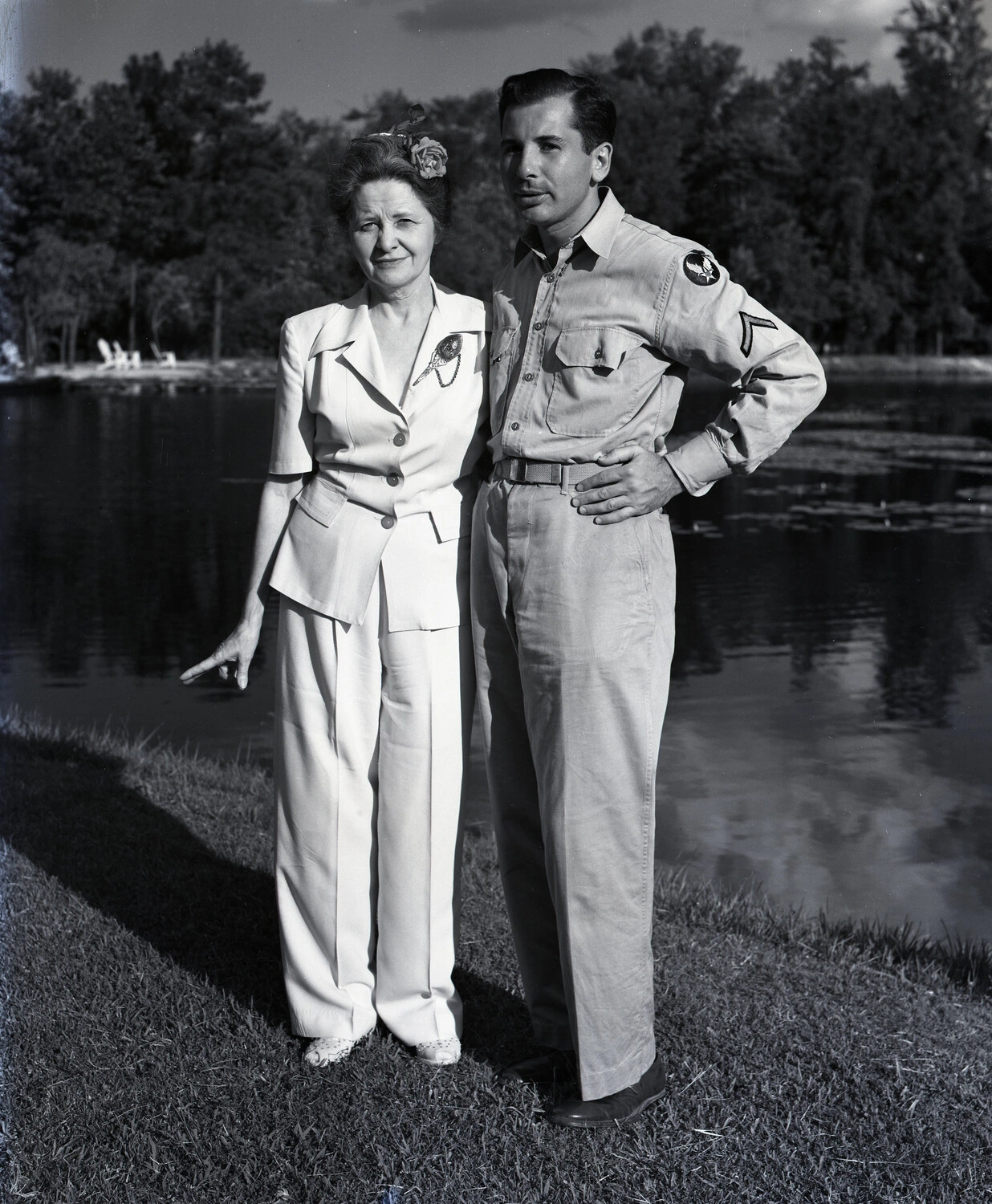 U.S. Army Serviceman and Mother, Lakeside Portrait, World War II Era