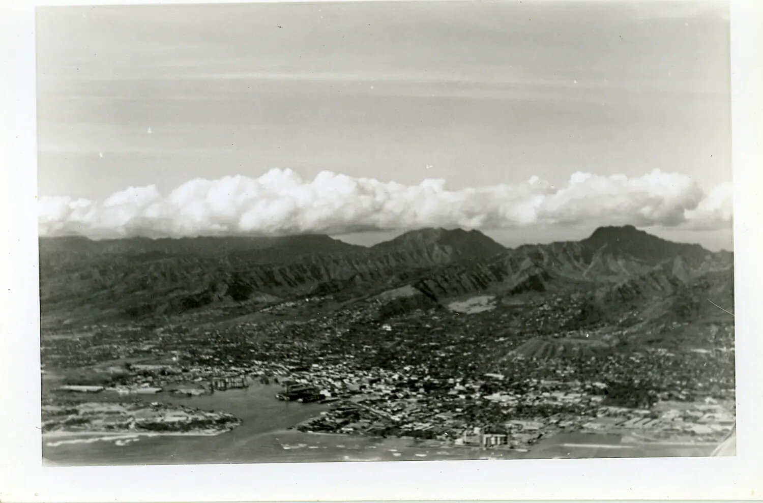 Aerial View of Honolulu with Diamond Head Crater in the Distance, Oahu — WWII Era
