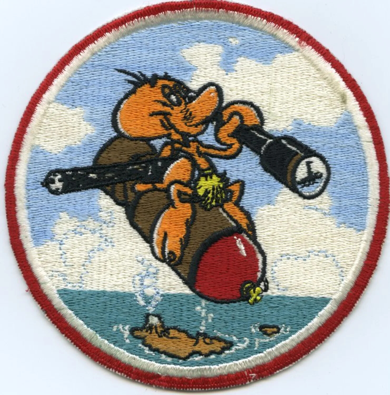 U.S. Navy Squadron Insignia Patch – Cartoon Hornet Riding Bomb Over Pacific Islands