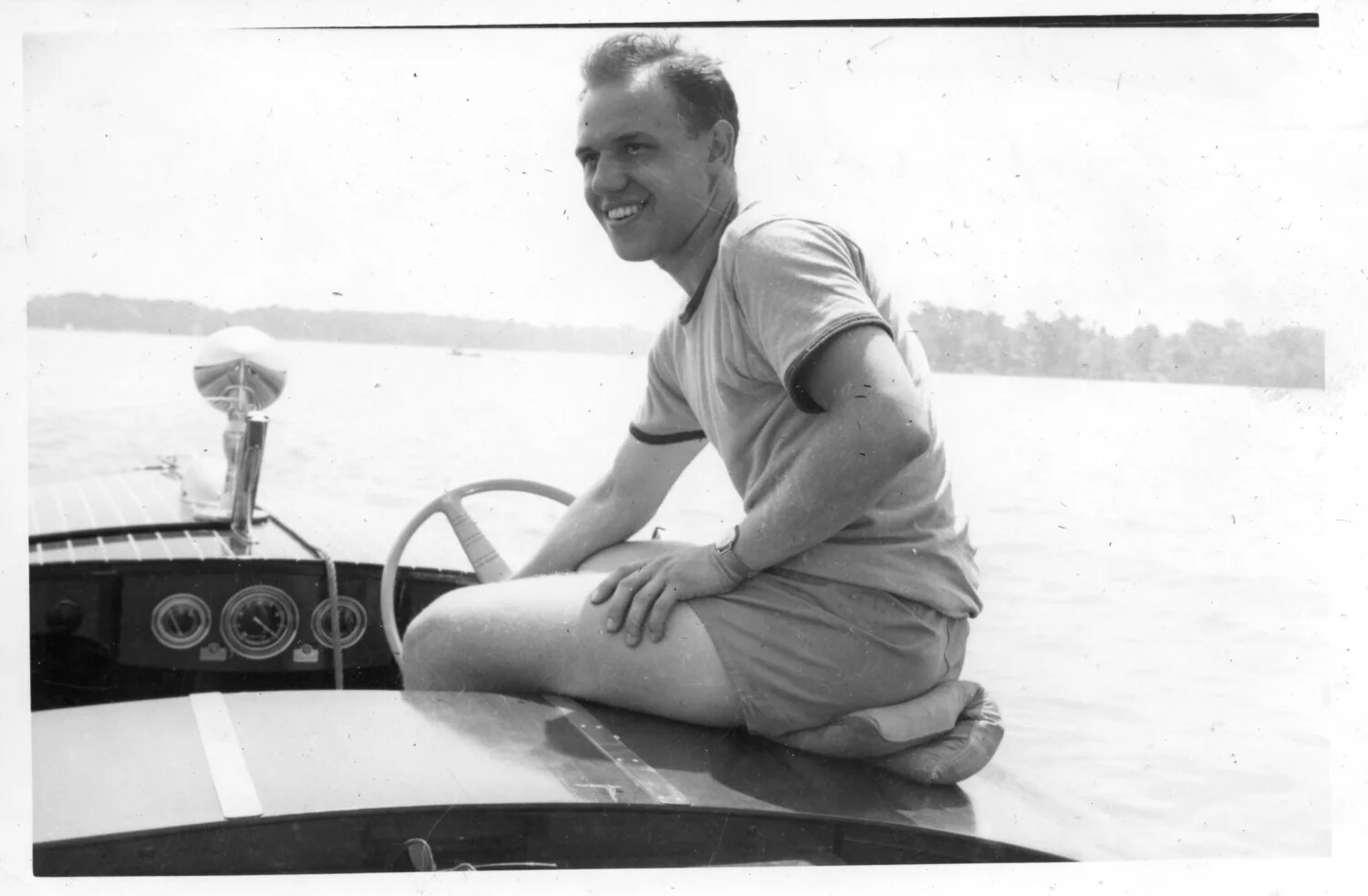 Young Man Aboard a Wooden Runabout Boat, Personal Snapshot, Bancroft Collection